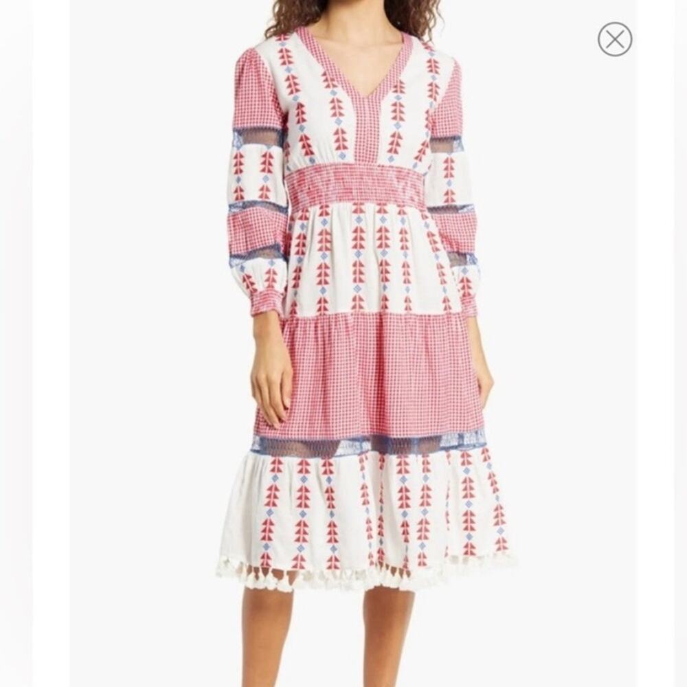 AREA Red & White Embroidered Midi Dress with Blue Trim Small